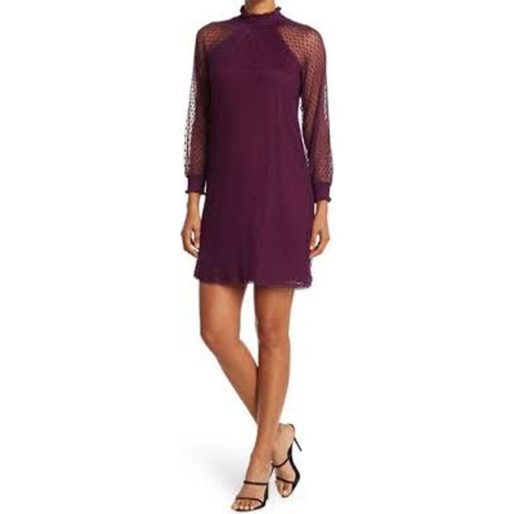 Nina Leonard Chiffon Kjole Trapeze Shift Dress Women Large Purple Lace Coquette